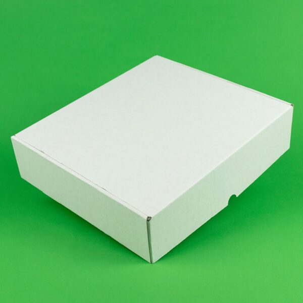 Cutii autoformare albă pentru livrare 100 buc/set, dimensiune 300x350x90 mm, microondule albit exterior și interior natur, ideal pentru fast food, magazine și restaurante.